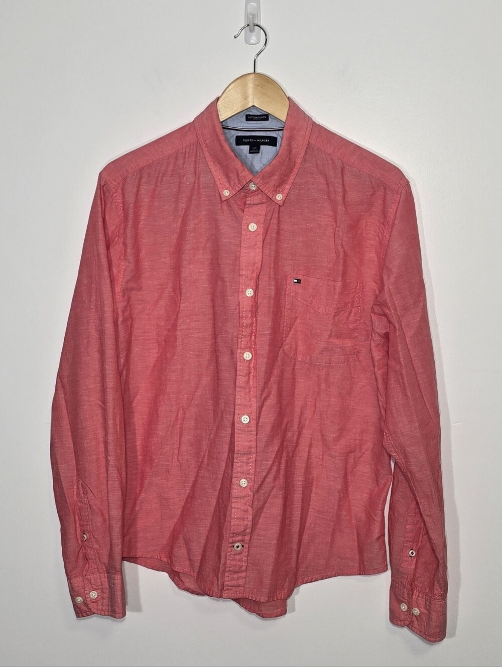 Tommy Hilfiger Coral Salmon Cotton Linen Bland Button-Down Long Sleeve Shirt SzL